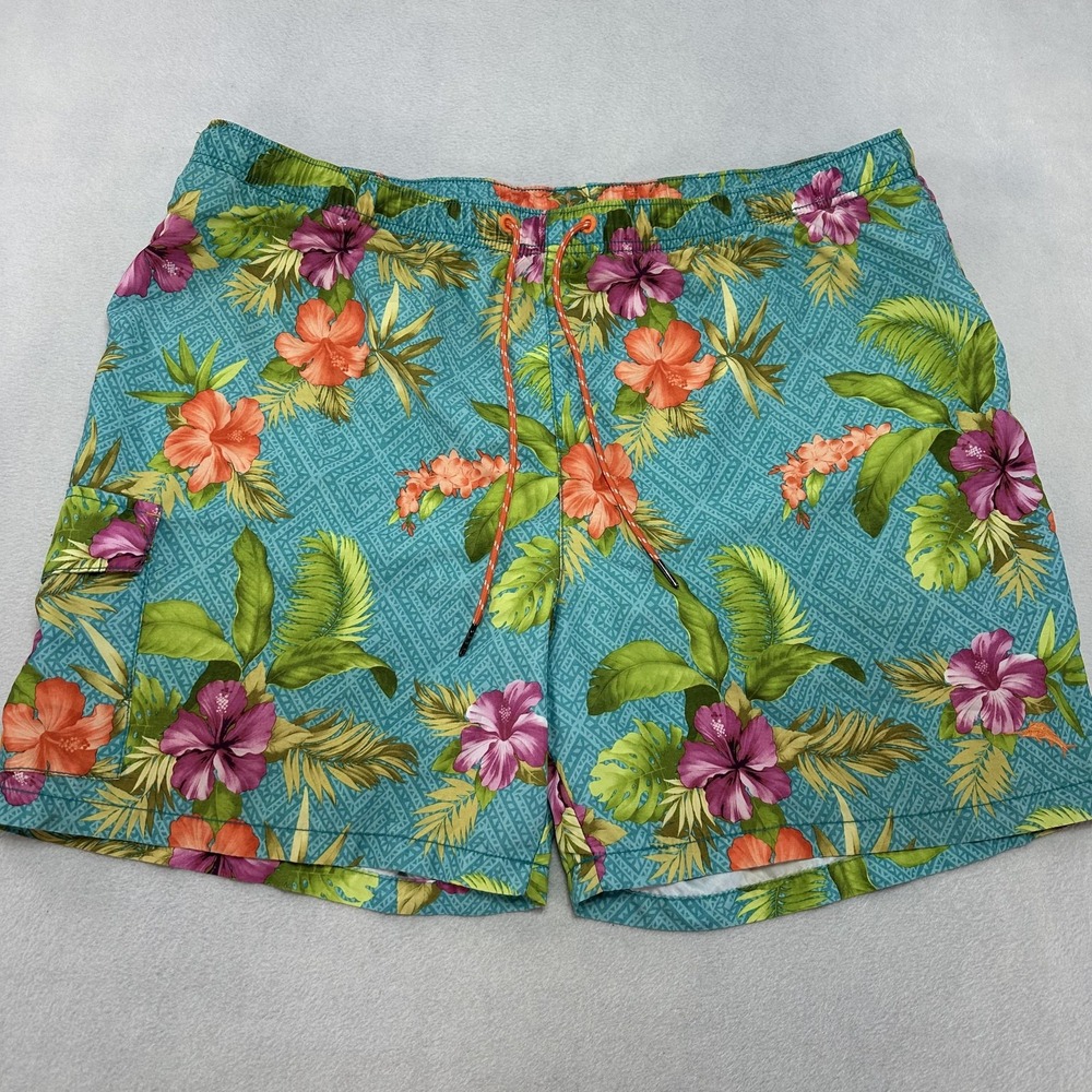 Tommy Bahama‎ Shorts Mens 2XL Teal Hawaiian Floral Swim Trunks Relax Mesh Lined